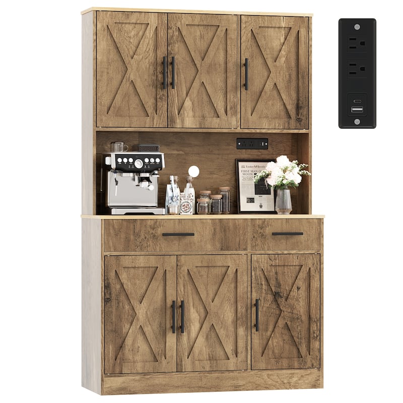 Kitchen Pantry Storage Cabinet with Outlets & USB Ports - N/A - Brown