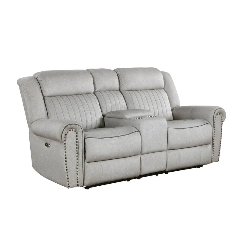 Ben Power Reclining Loveseat, 76 Inch, Gray Microfiber, Nailhead Trims