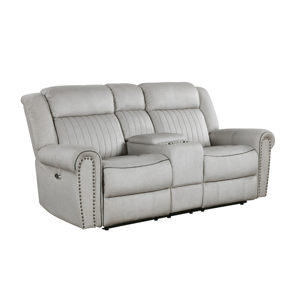 Ben Power Reclining Loveseat, 76 Inch, Gray Microfiber, Nailhead Trims