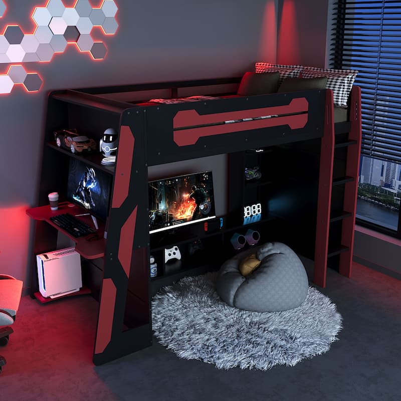 Full Size Gaming Loft Bed Esports-Inspired Bed with Desk Shelves and Charging Station for Gaming Bedroom Setup, Esports Hotels