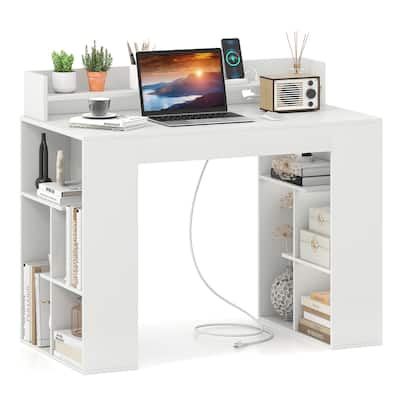 White Engineered Wood Computer Desk with Power Strip and 3-Tier Bookcases