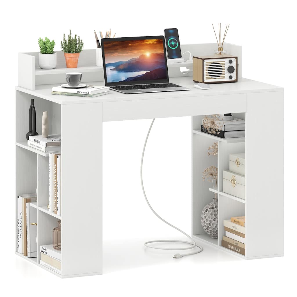 White Engineered Wood Computer Desk with Power Strip and 3-Tier Bookcases