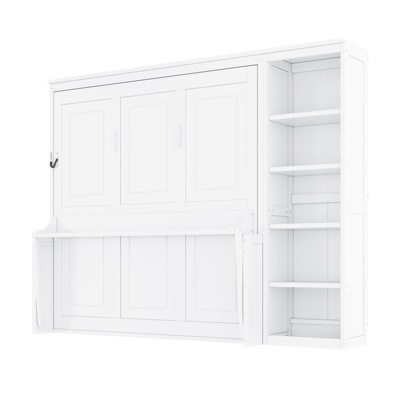 Full/Queen Size Murphy Bed with Bulit-in Desk and Bookshelf, Foldable Murphy Cabinet Bed with Open Storage Shelves