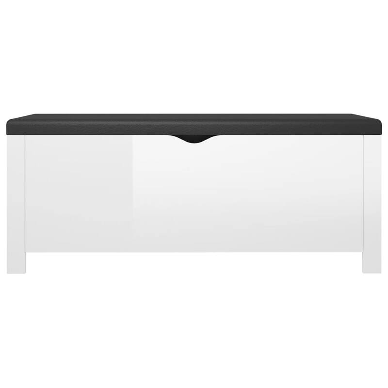 Storage Box Bench w Seat Cushion, White Wood, 41 Inch Black Faux Leather