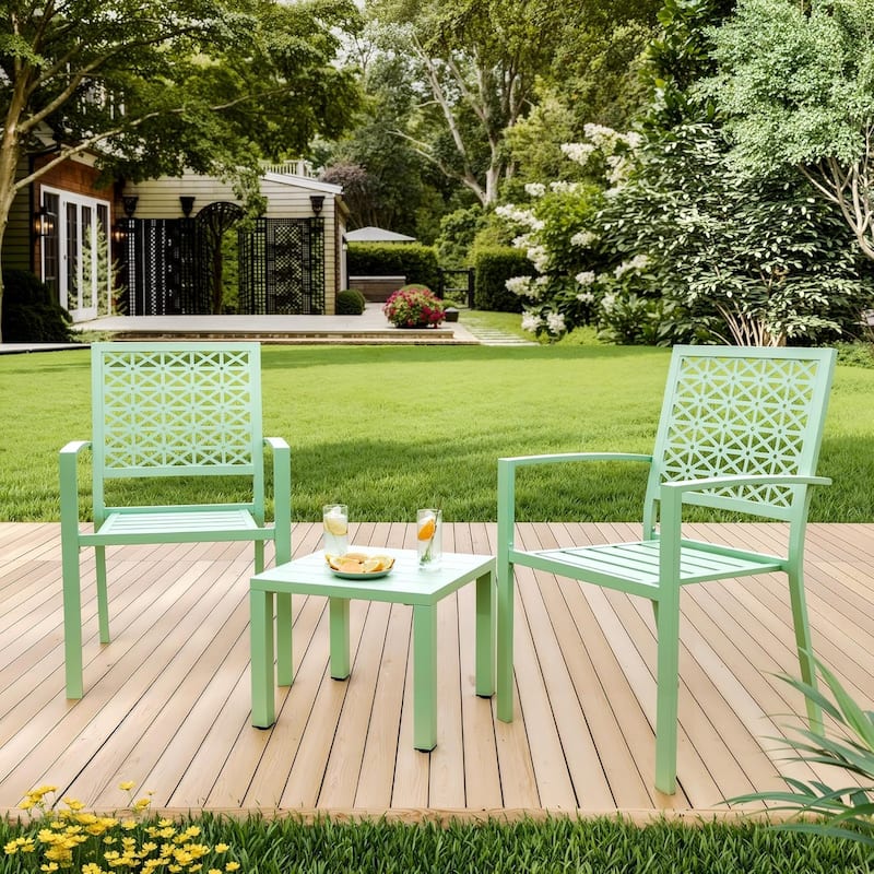 3-Piece Outdoor Bistro Set,Patio Furniture Set with 2 Decorative Iron Chairs and Square Coffee Table - Green