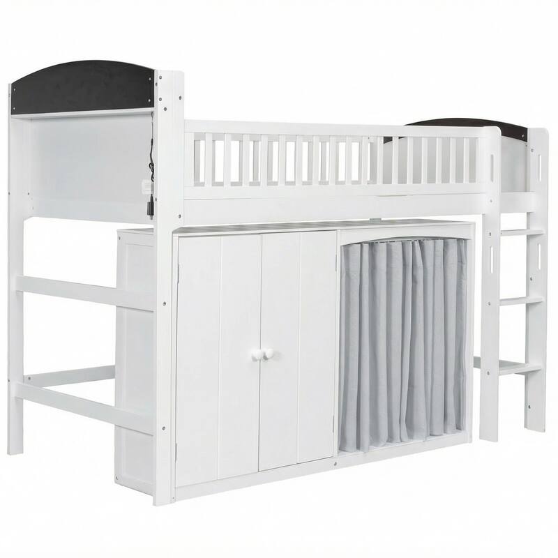 Roomfitters Twin/Full Size Loft Bed with Storage Cabinet, Wardrobe and LED Light