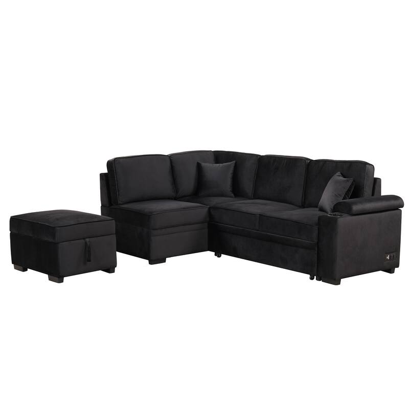 84.75" 2-in-1 Pull Out L Shape Velvet Sleeper Sofa Bed with Storage Ottoman, Black, for Living Spaces