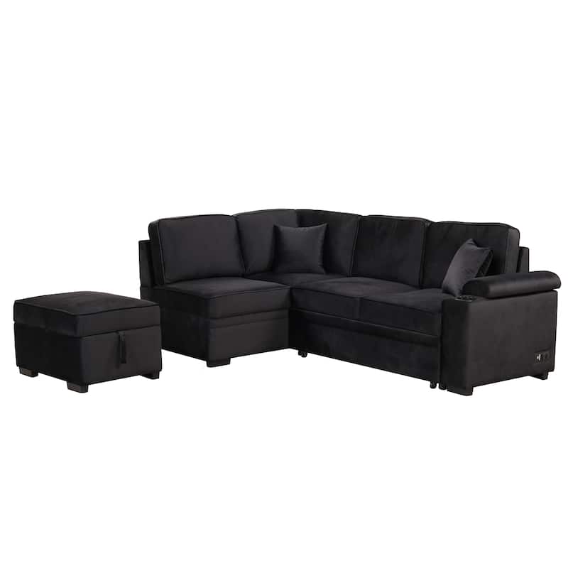 Lshape Sectionals w/ Pull Out Bed Sleeper Sofa and Ottoman, Black