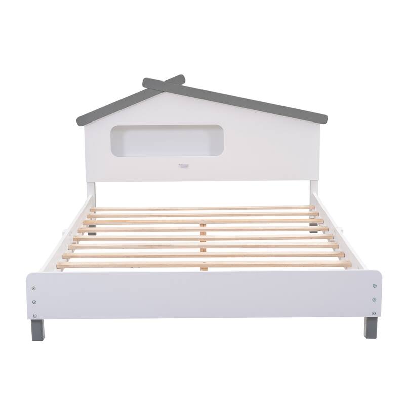Full Size Wood Platform Bed with House-shaped Headboard and Motion Activated Night Lights