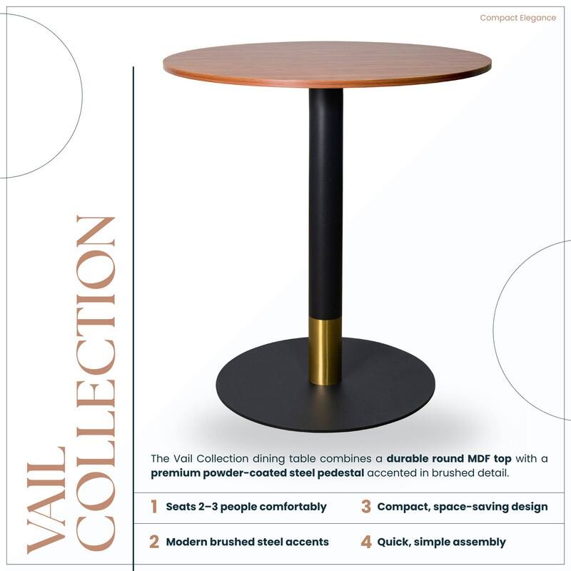 Vail Round Dining Table with 27 in. MDF Tabletop in Black Stainless Steel Round Pedestal Base with Gold Accent Kitchen Table