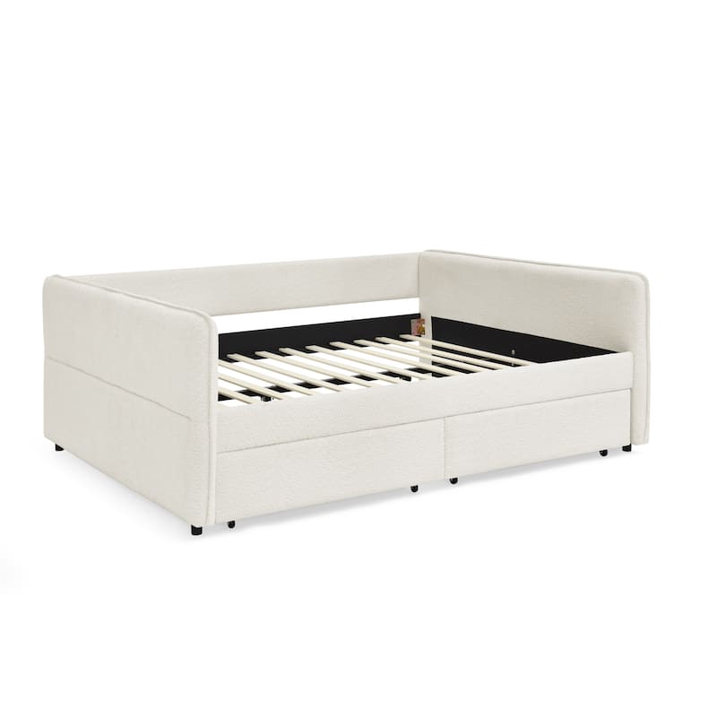 Queen Size Boucle Daybed with Trundle and 2 Storage Drawers and Tufted Upholstered Sofa Bed
