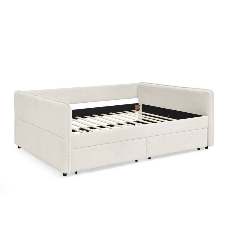 Roomfitters Queen Boucle Daybed with Trundle, Two Storage Drawers and Upholstered Sofa Bed Frame