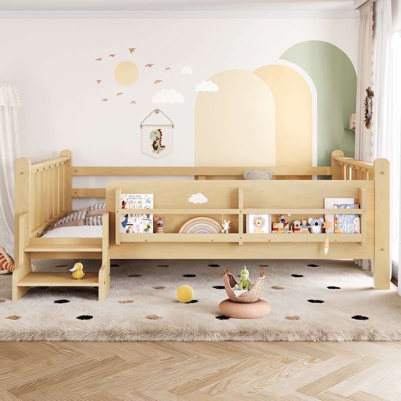 Full/Twin Floor Bed with Storage Bookcases & Cute Stairs - Solid Wood Kids Bed, No Box Spring