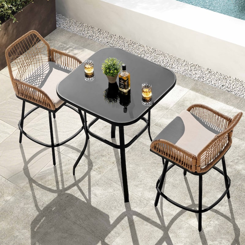 Swivel Patio Bar Set with Cushions, Handwoven Twisted Rattan Design