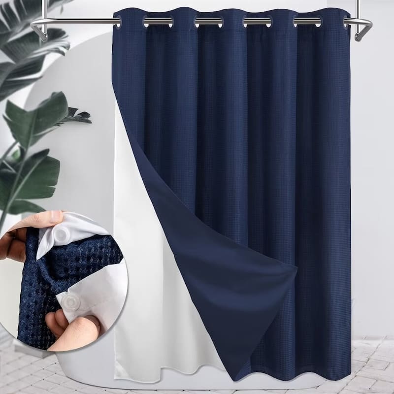 Waffle Weave Shower Curtain with Snap-liner No Hooks Needed