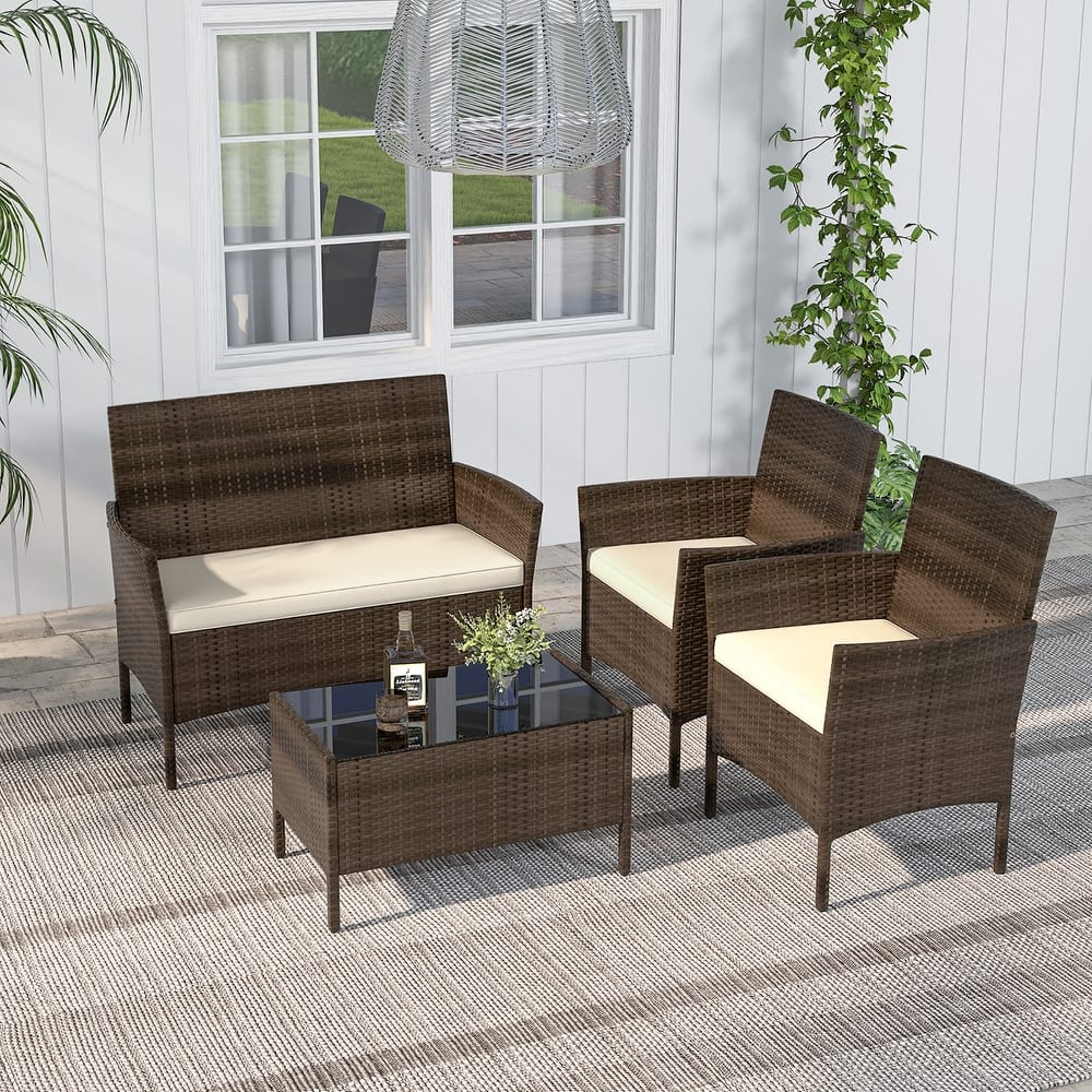 Gymax 4 PCS Patio Rattan Conversation Set Outdoor Wicker Furniture Set