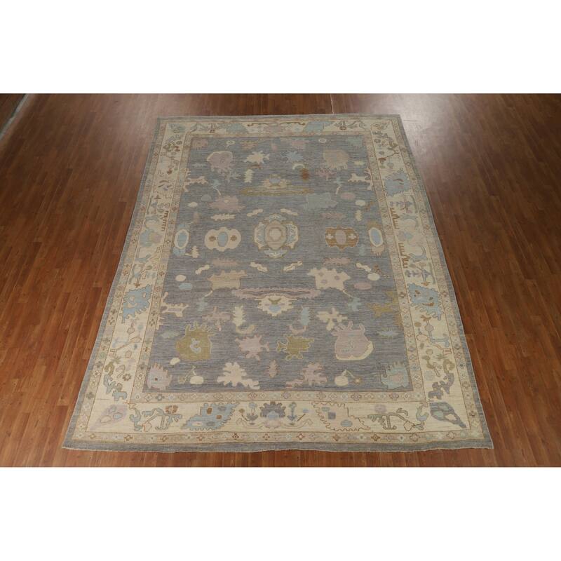Hand Knotted Oriental 100% Wool Carpet Transitional All-Over Greys & Charcoal Oushak Area Rug - 12' 0'' X 9' 2''