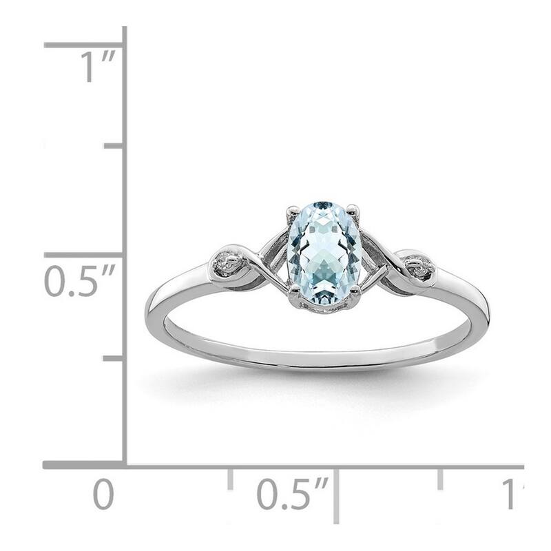 Curata 925 Sterling Silver Polished Open back Rhodium Plated Diamond and Aquamarine Oval Ring