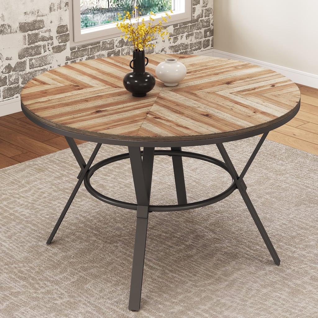 Roomfitters Modern Round Dining Table with Splayed Metal Trestle Legs, Light Birch Finish