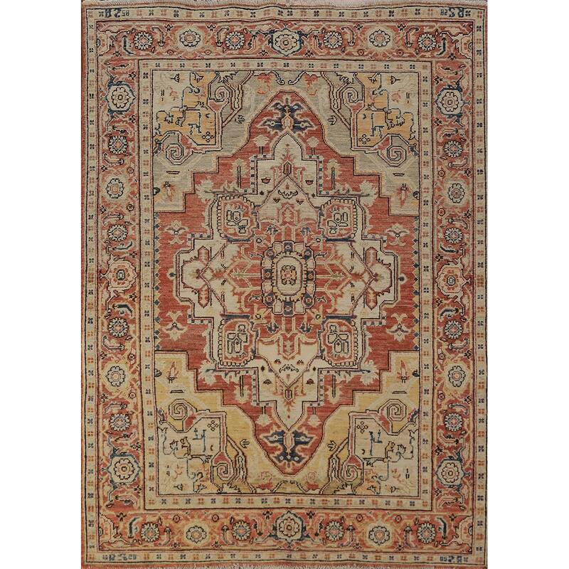 Geometric Heriz Serapi Vegetable Dye Rug Handmade Wool Carpet - 5'0"x 6'10"