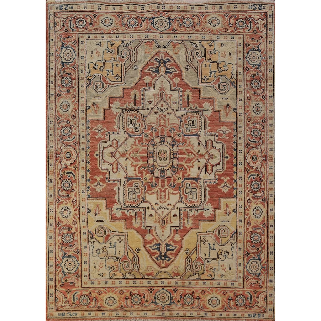 Geometric Heriz Serapi Vegetable Dye Rug Handmade Wool Carpet - 5'0"x 6'10"
