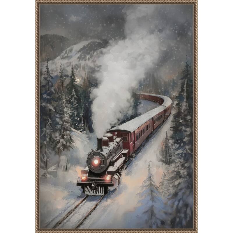 Snowfall Steam Train by Melloi Art Prints (23 x 33 in.), Framed Canvas Wall Art Print - Sylvie Beaded Dark Gold