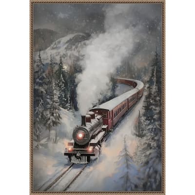 Snowfall Steam Train by Melloi Art Prints (23 x 33 in.), Framed Canvas Wall Art Print - Sylvie Beaded Dark Gold