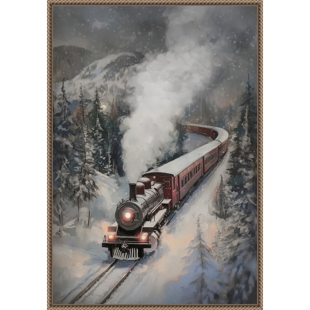 Snowfall Steam Train by Melloi Art Prints (23 x 33 in.), Framed Canvas Wall Art Print - Sylvie Beaded Dark Gold