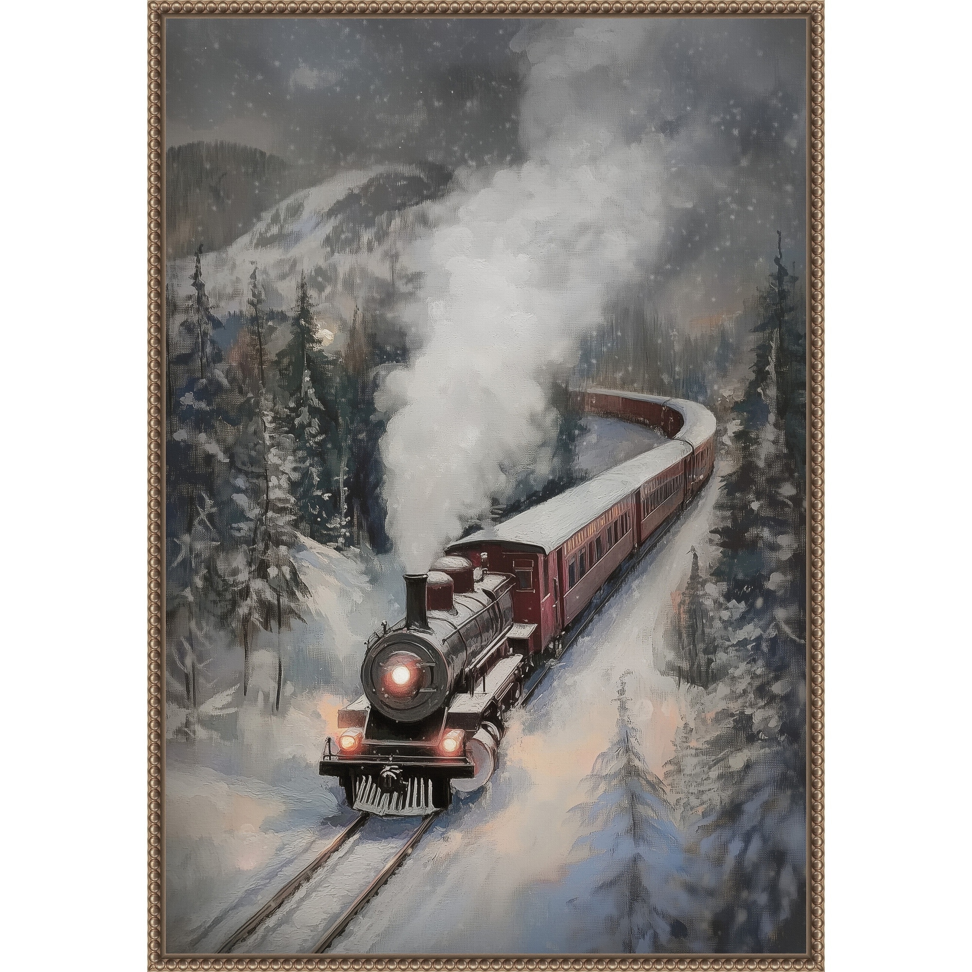 Snowfall Steam Train by Melloi Art Prints (23 x 33 in.), Framed Canvas Wall Art Print - Sylvie Beaded Dark Gold