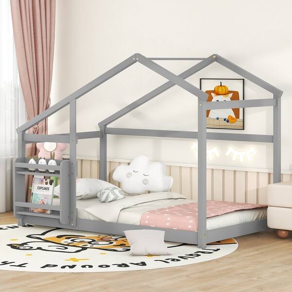 slide 2 of 10, Twin Size Floor Platform House Bed with Roof and Shelf for Kids, Gray Gray - Twin