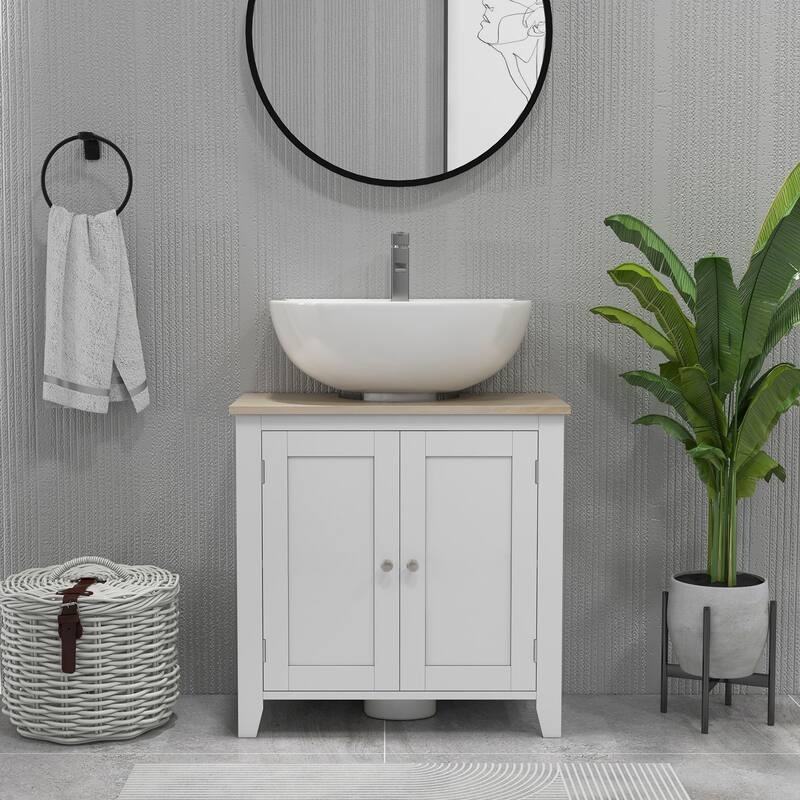 Modern White Bathroom Cabinet with Wood Grain Top and MDF Adjustable Storage Shelves - 23.5" W x 11.75" D x 23.5" H