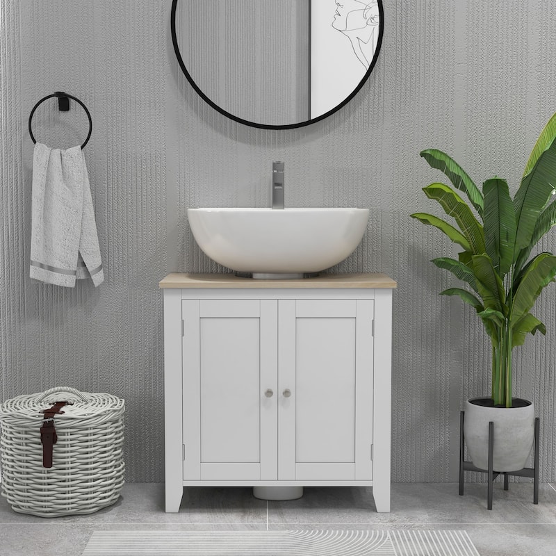 Storage Cabinet, White Bathroom Vanity with U-Shape Design, Adjustable Shelf, Enclosed Storage for Towels & Supplies