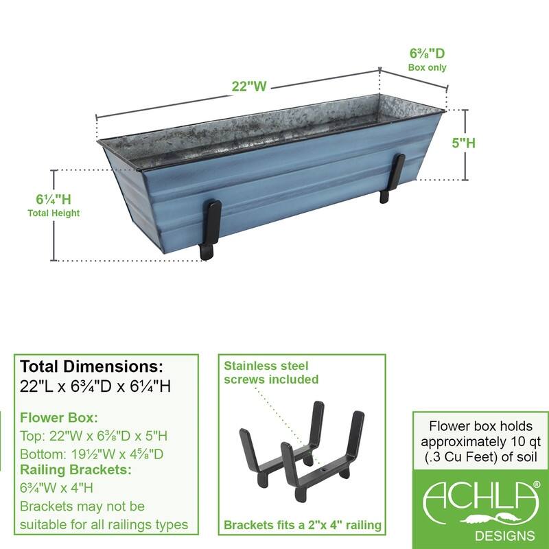 Achla Designs Small Galvanized Steel Flower Box Planter With Brackets for 2 x 4 Railings, 22 Inch Wide