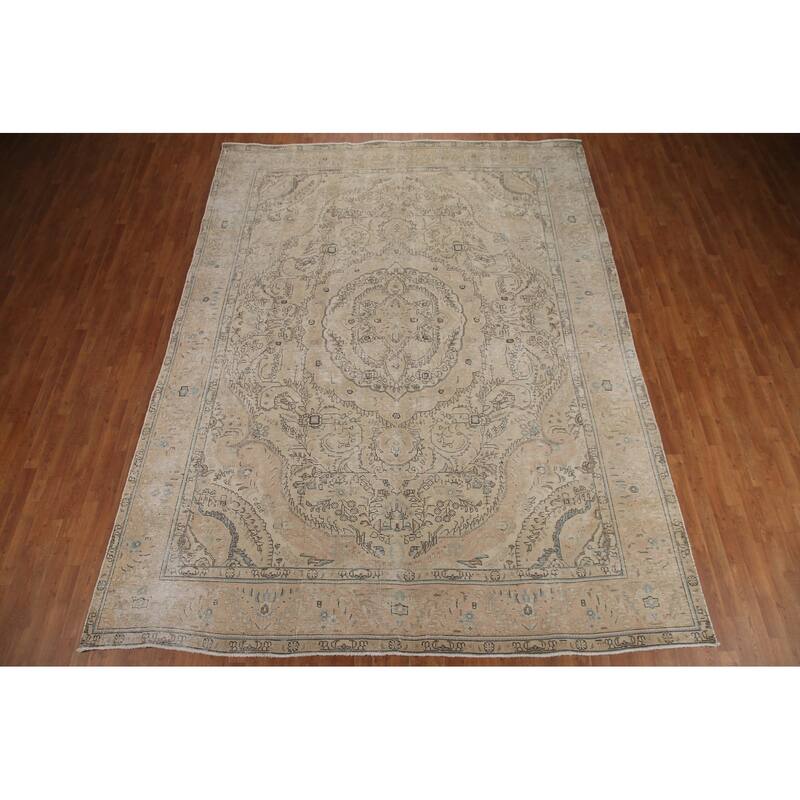 Hand Knotted Oriental 100% Wool Carpet Traditional Floral Beige & Ivories Tabriz Area Rug - 12' 7'' X 9' 7''