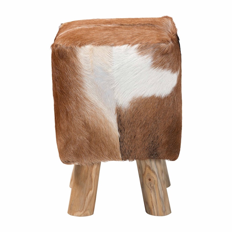 Scotlyn Genuine Goat Leather Footstool with Teak Wood Legs - Rustic Boho Accent with Natural Hide Upholstery, Handmade Footrest