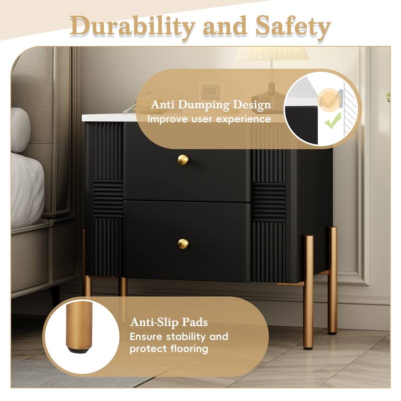 Contemporary Nightstand Featuring 2 Storage Drawers, Fluted Design with Gold-Tone Metal Handles and Legs, Versatile End Table