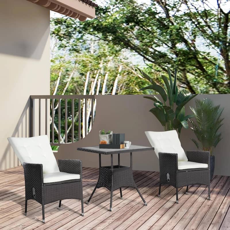 3-Piece PE Wicker Set, Tufted Reclining Chairs, Coffee Table, Outdoor - Cream White
