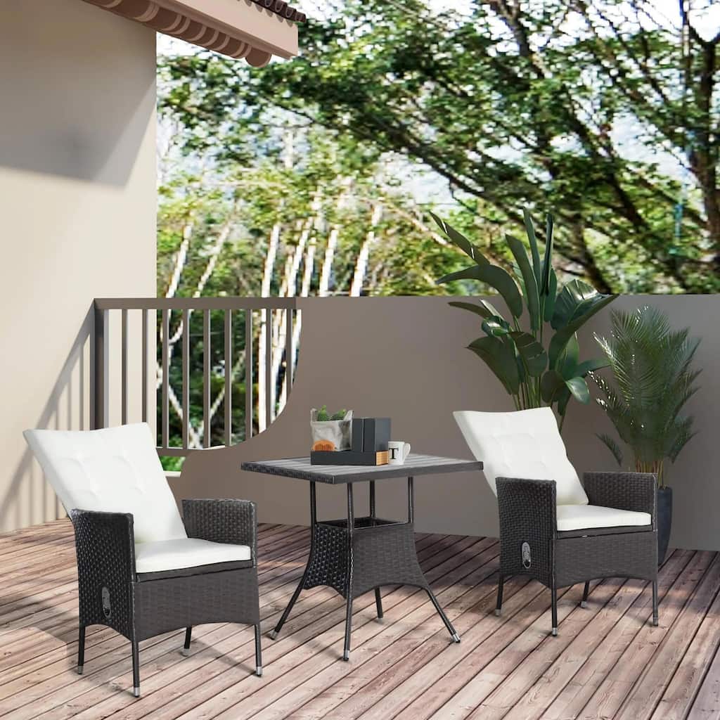 3-Piece PE Wicker Set, Tufted Reclining Chairs, Coffee Table, Outdoor