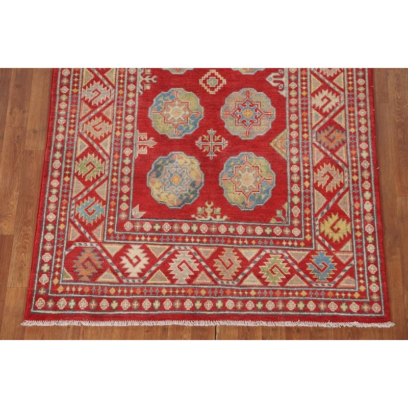 Geometric Kazak Area Rug Hand-Knotted Traditional Wool Carpet - 4'2" x 6'4"