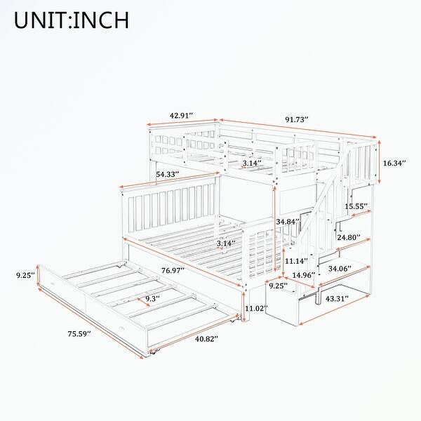 dimension image slide 1 of 2, Stairway Twin-Over-Full Bunk Bed with Twin size Trundle