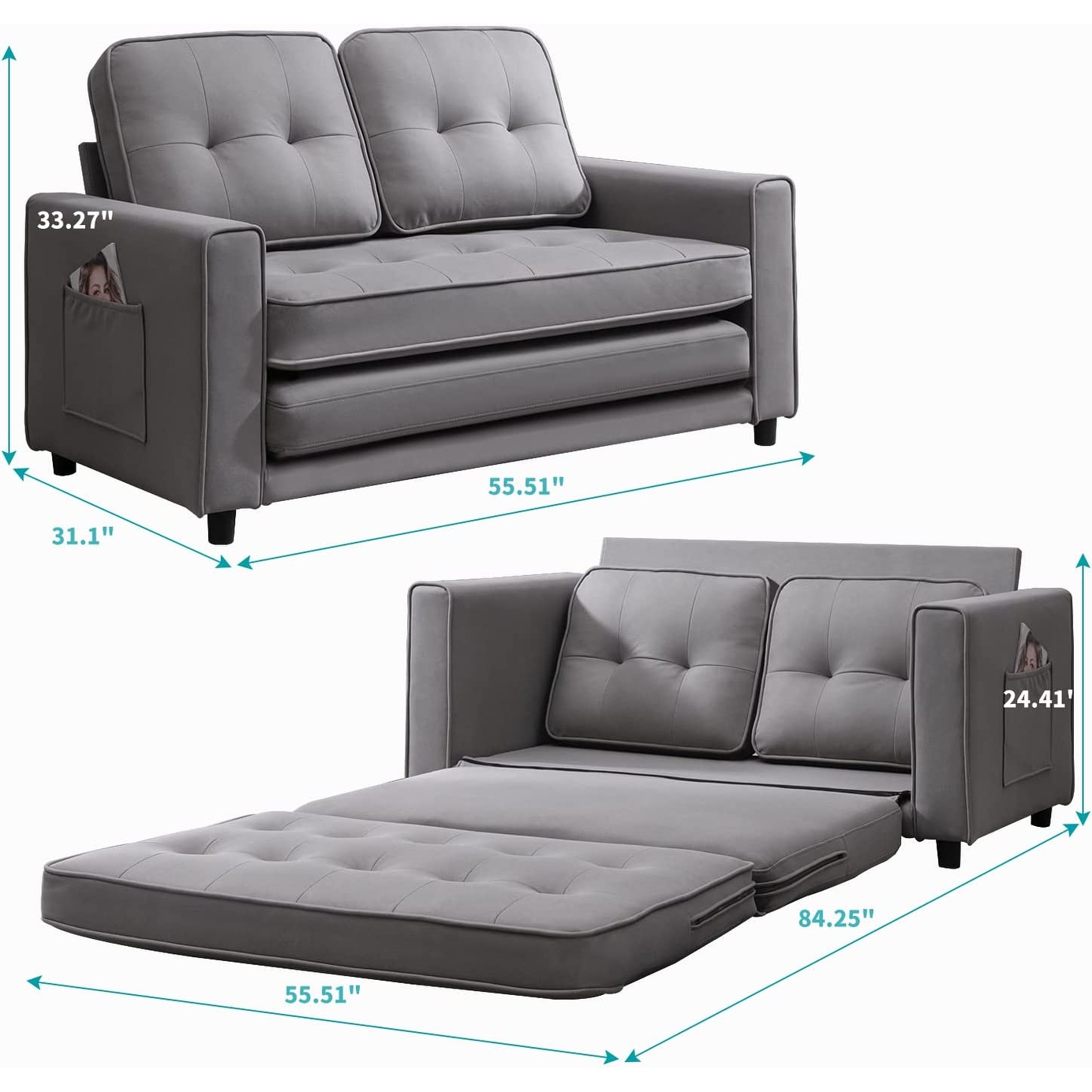 Mixoy Modern Loveseat 3 in 1 Pull Out Sleeper Sofa Bed with Tri Folding Mattress
