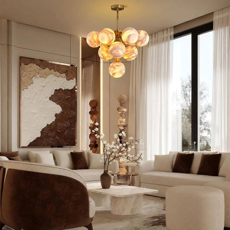 KAYLA Modern Sputnik Alabaster Chandelier, 18 Light Gold & Smoked Alabaster Globe Chandeliers