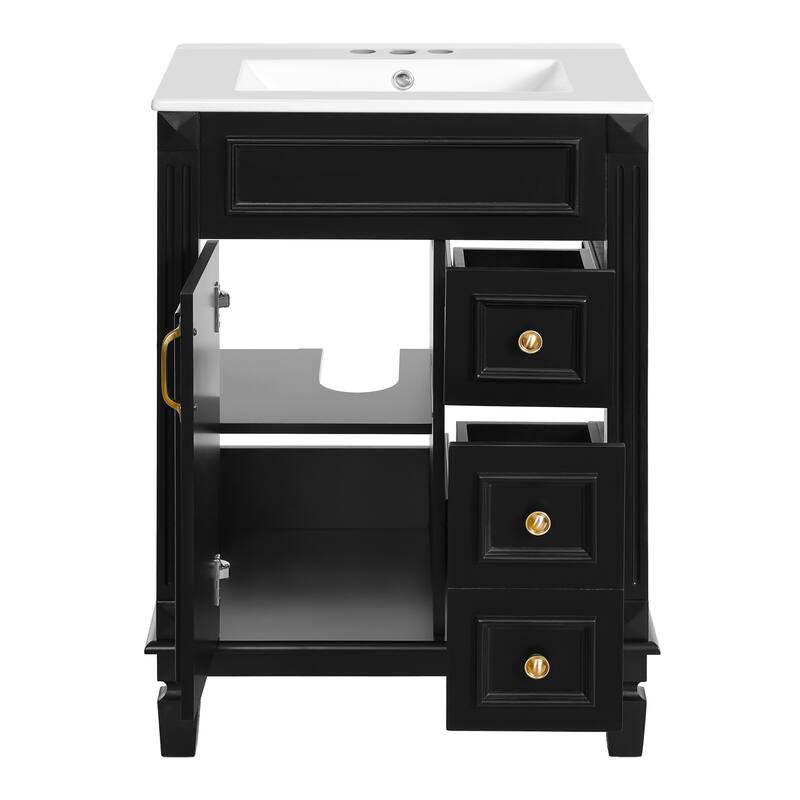 24" Bathroom Vanity With Ceramic Sink,Small Bathroom Sink Cabinet,Modern Cabinet With 2 Drawers And Adjustable Shelf