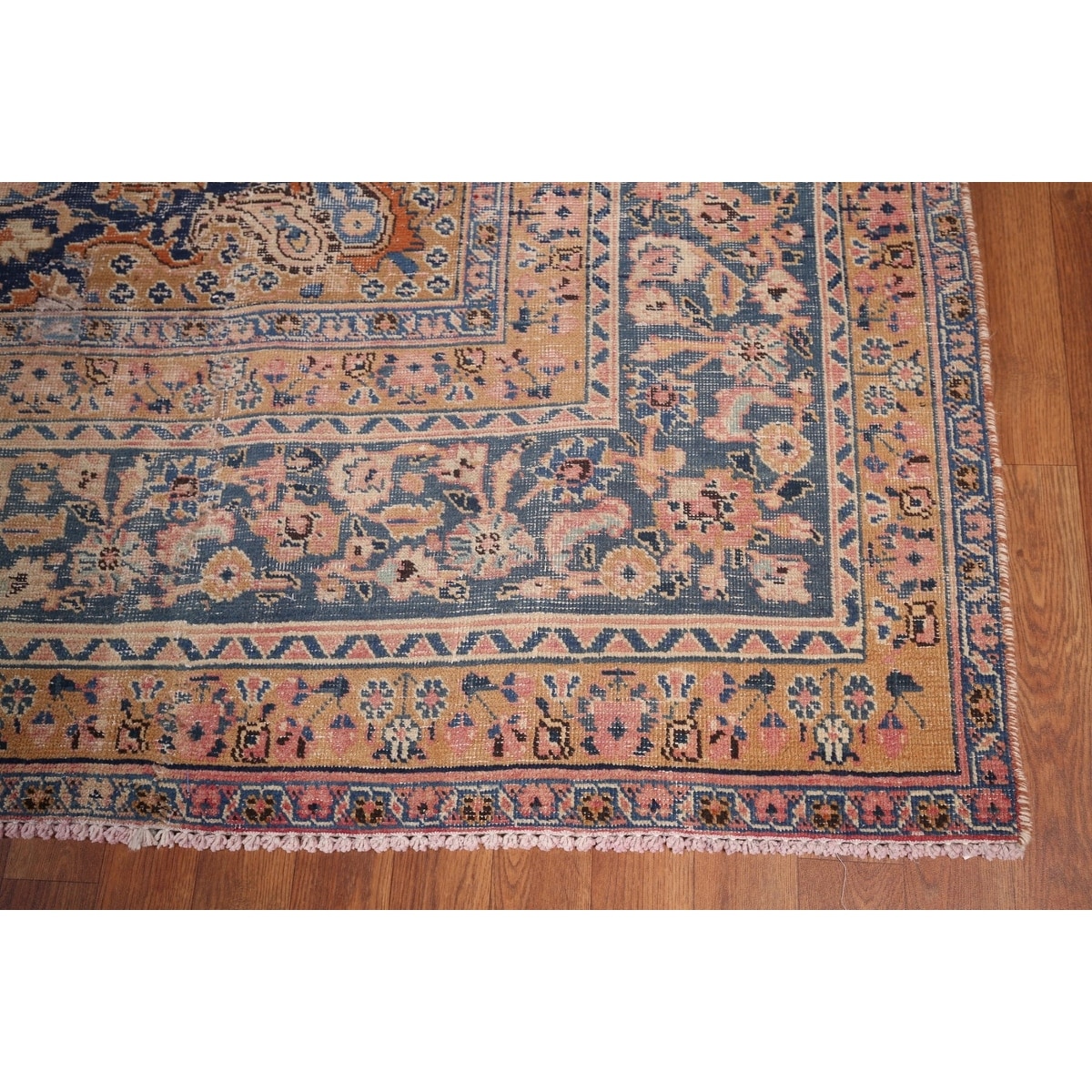 Distressed Mashad Persian Vintage Rug Hand-Knotted Wool
