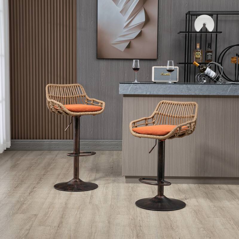 360° Swivel Bar Stools Set of 2, Adjustable Counter Height Chairs with Footrest, Rattan Bar Chairs with Cushions
