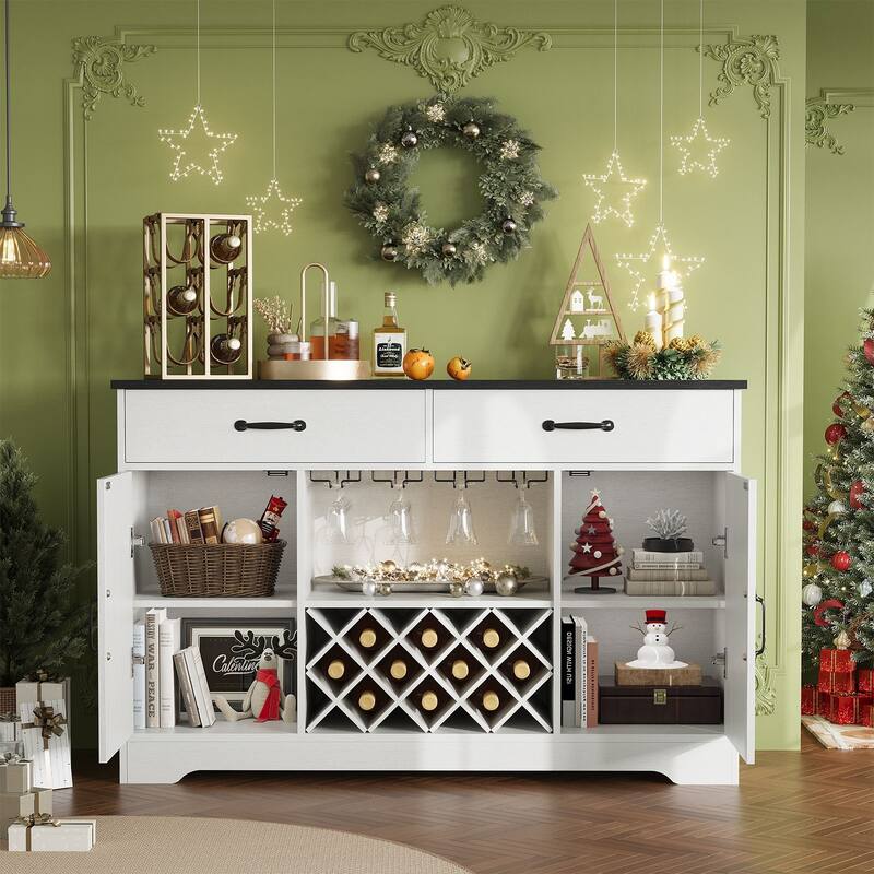 Gymojoy 55" Farmhouse Bar Cabinet with Wine Rack & Coffee Station, Rustic Storage for Dining Room, Kitchen, Living Room