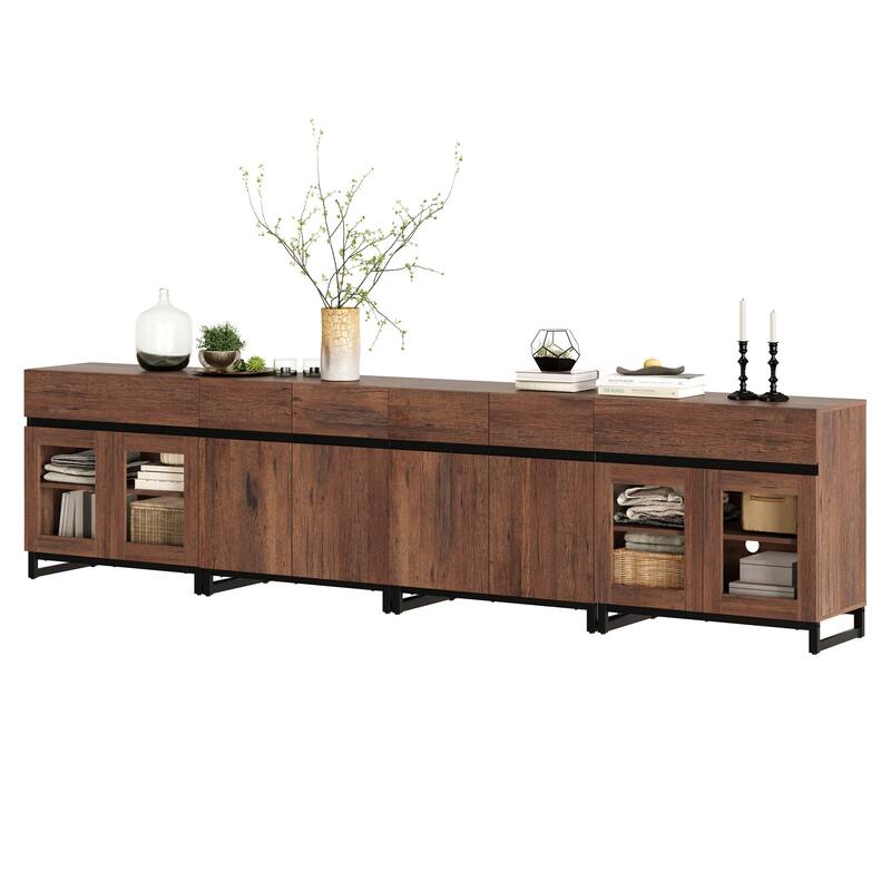 Modern TV Stand for 120" TVs, 4-in-1 Console with Glass Doors & 2 Drawers