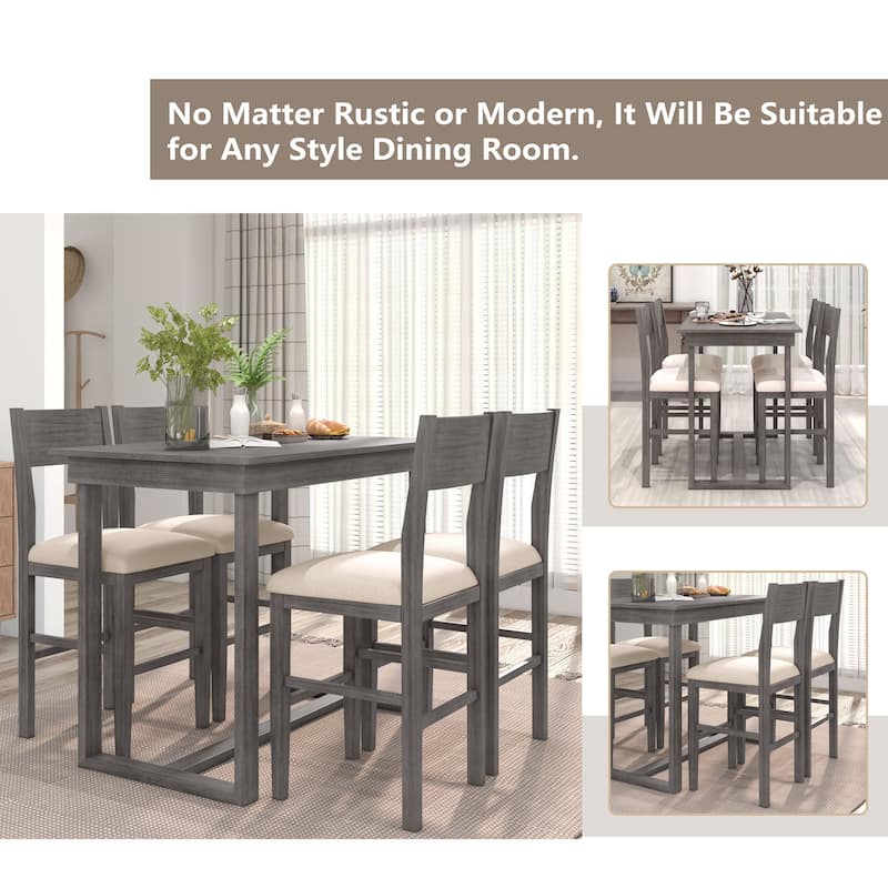 Gray Farmhouse 5-Piece Counter Height Dining Table Set with 4 Chairs