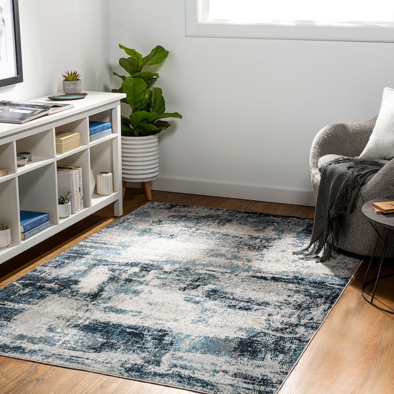 Livabliss Vahana Machine Washable Rustic Abstract Area Rug - Blue/Cream - 6' 7" x 9'