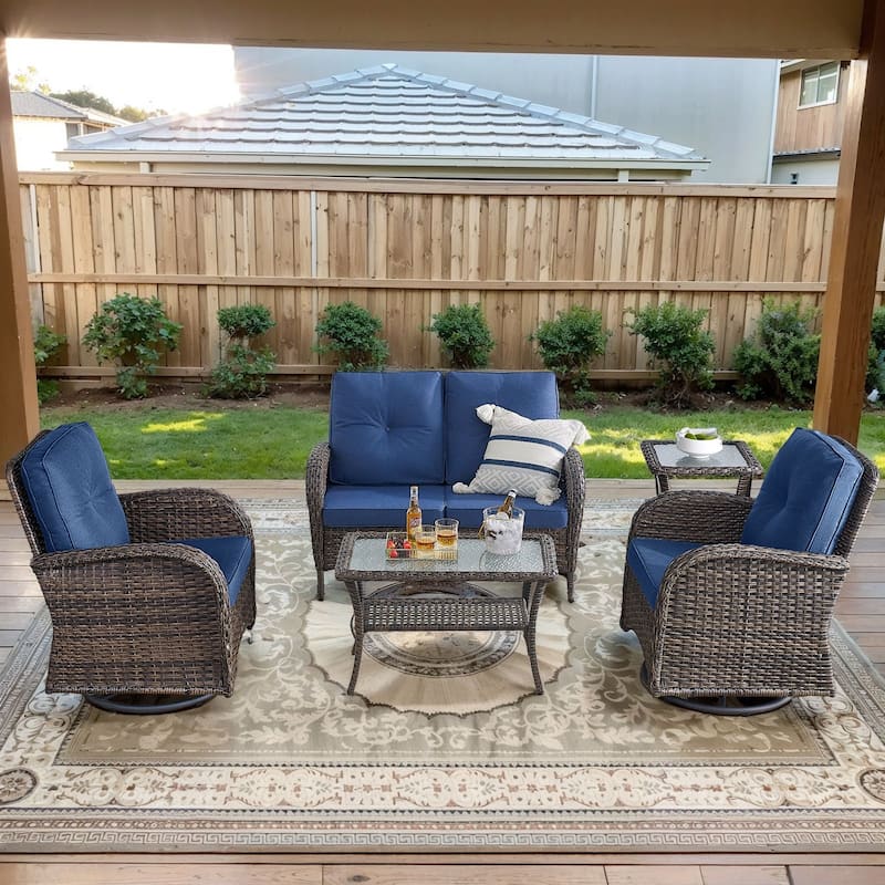 Gymojoy Outdoor Wicker Patio Furniture Loveseat and Chair Set - 5-Piece - Loveseat & Swivel Chairs - Brown Wicker / Blue Cusion
